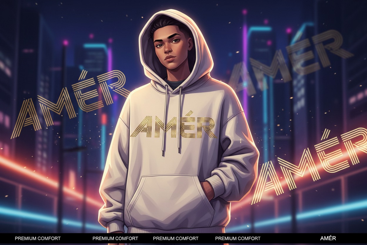 A young man wearing a white hoodie with gold lettering stands against a neon-lit city backdrop.